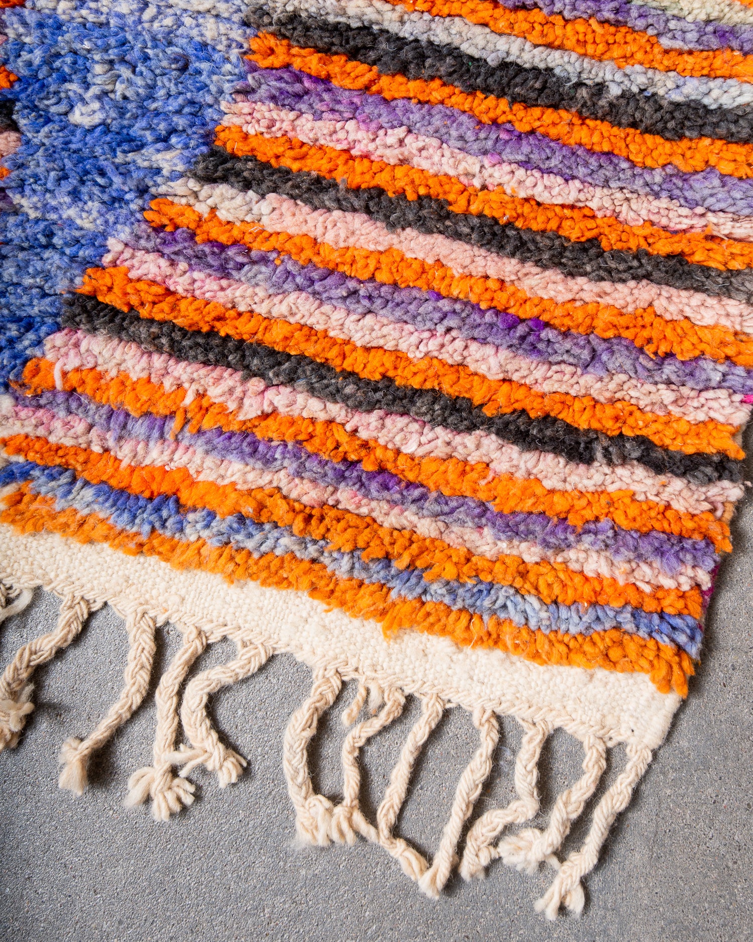 Modern, designer, handcrafted Berber runner rug from Morocco. Vintage carpet with beautiful colours and patterns and fluffy texture.