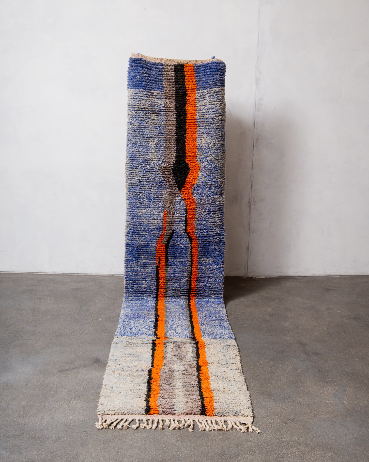 Modern, designer, handcrafted Berber runner rug from Morocco. Vintage carpet with beautiful colours and patterns and fluffy texture.