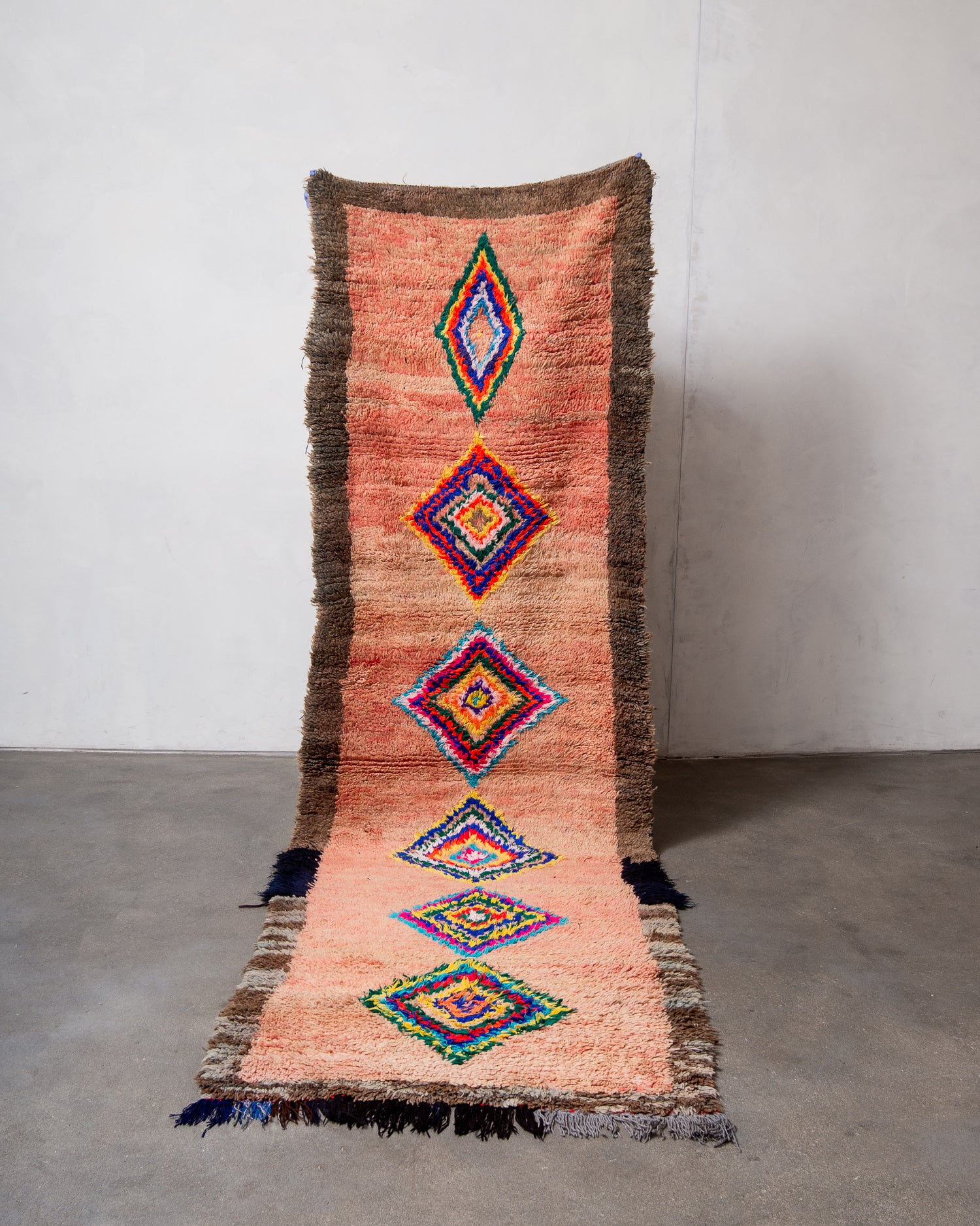 Modern, designer, handcrafted Berber runner rug from Morocco. Vintage carpet with beautiful colours and patterns and fluffy texture.