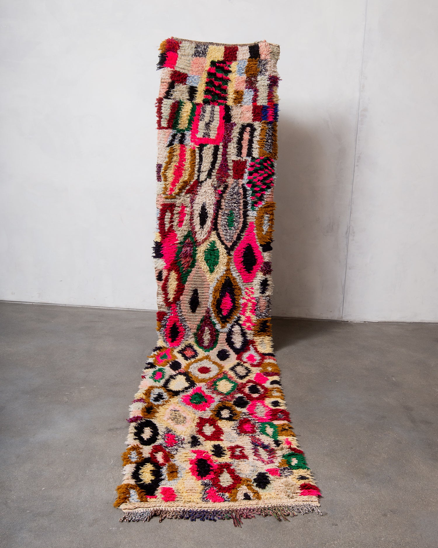 Modern, designer, handcrafted Berber runner rug from Morocco. Vintage carpet with beautiful colours and patterns and fluffy texture.