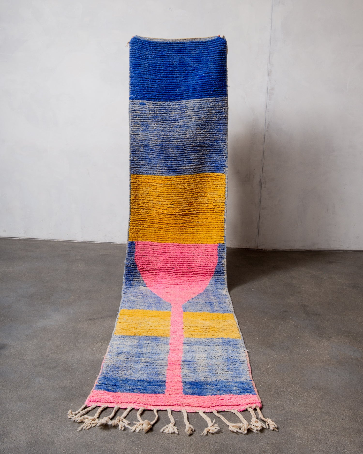 Modern, designer, handcrafted Berber runner rug from Morocco. Vintage carpet with beautiful colours and patterns and fluffy texture.