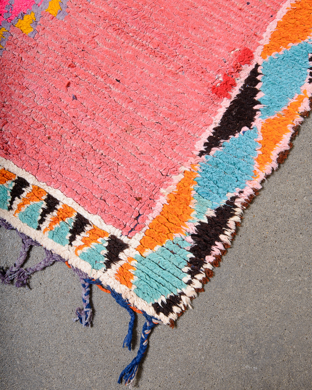 Modern, designer, handcrafted Berber runner rug from Morocco. Beniourain carpet with beautiful colours and patterns and fluffy wool texture.
