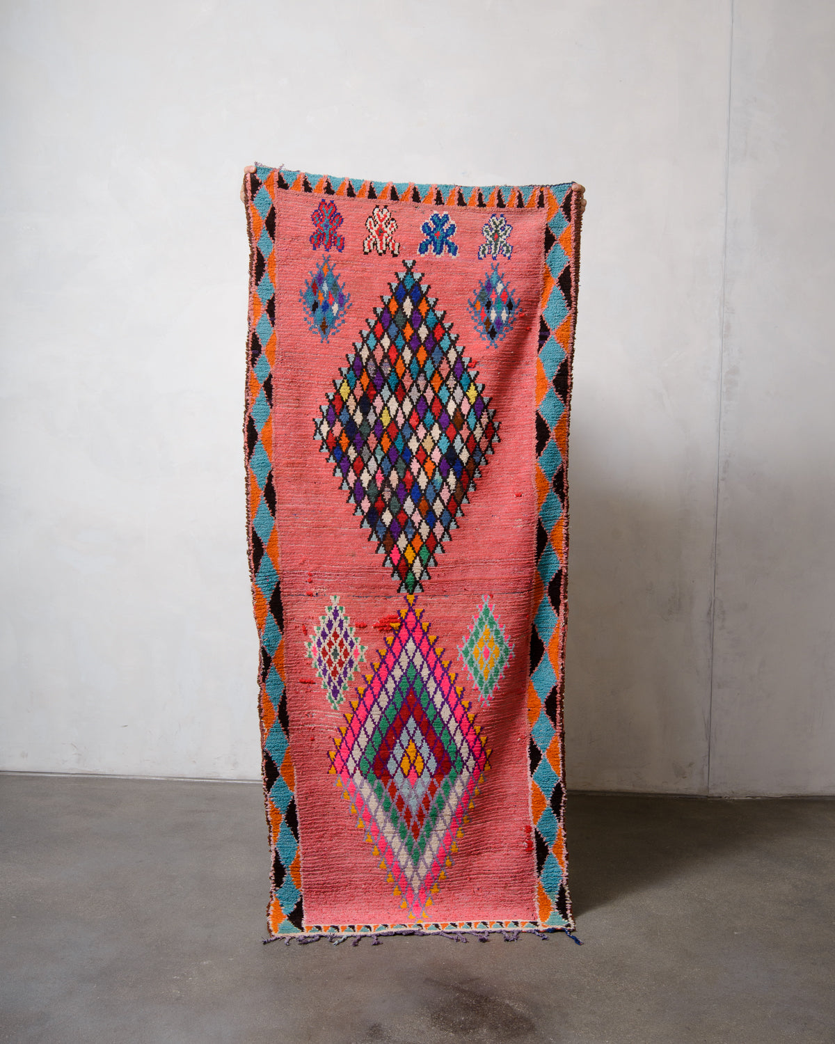 Modern, designer, handcrafted Berber runner rug from Morocco. Beniourain carpet with beautiful colours and patterns and fluffy wool texture.