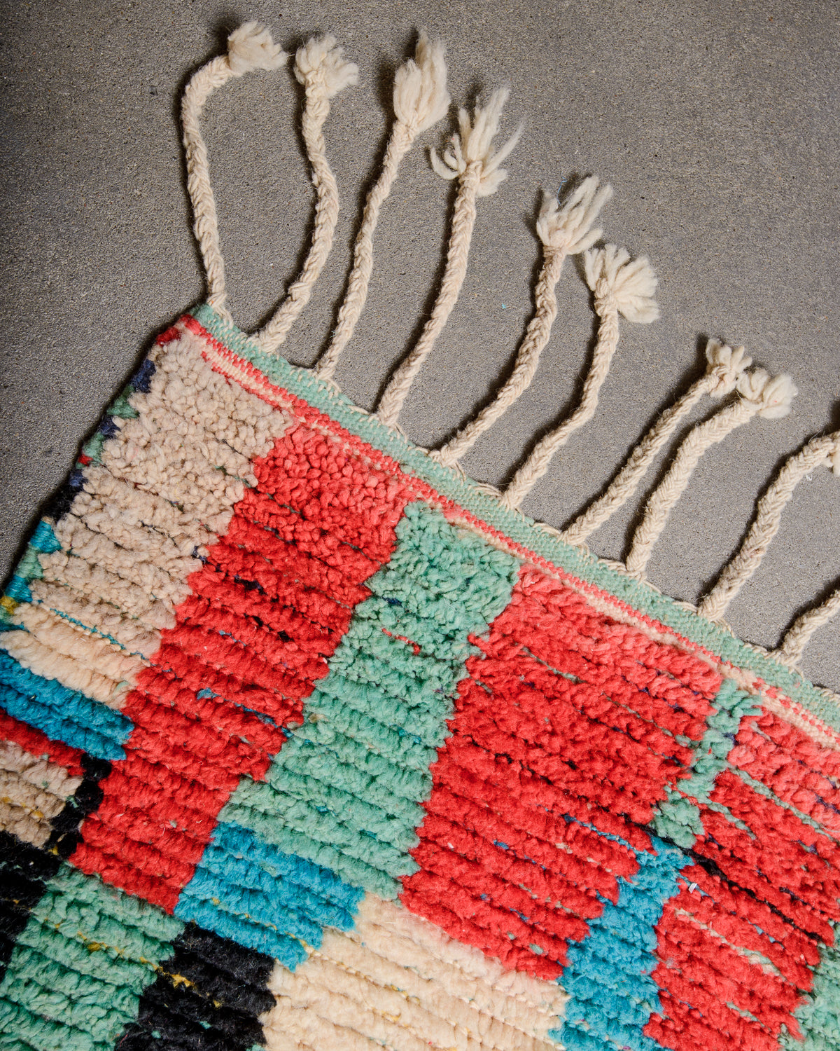 Modern, designer, handcrafted Berber runner rug from Morocco. Vintage carpet with beautiful colours and patterns and fluffy texture.