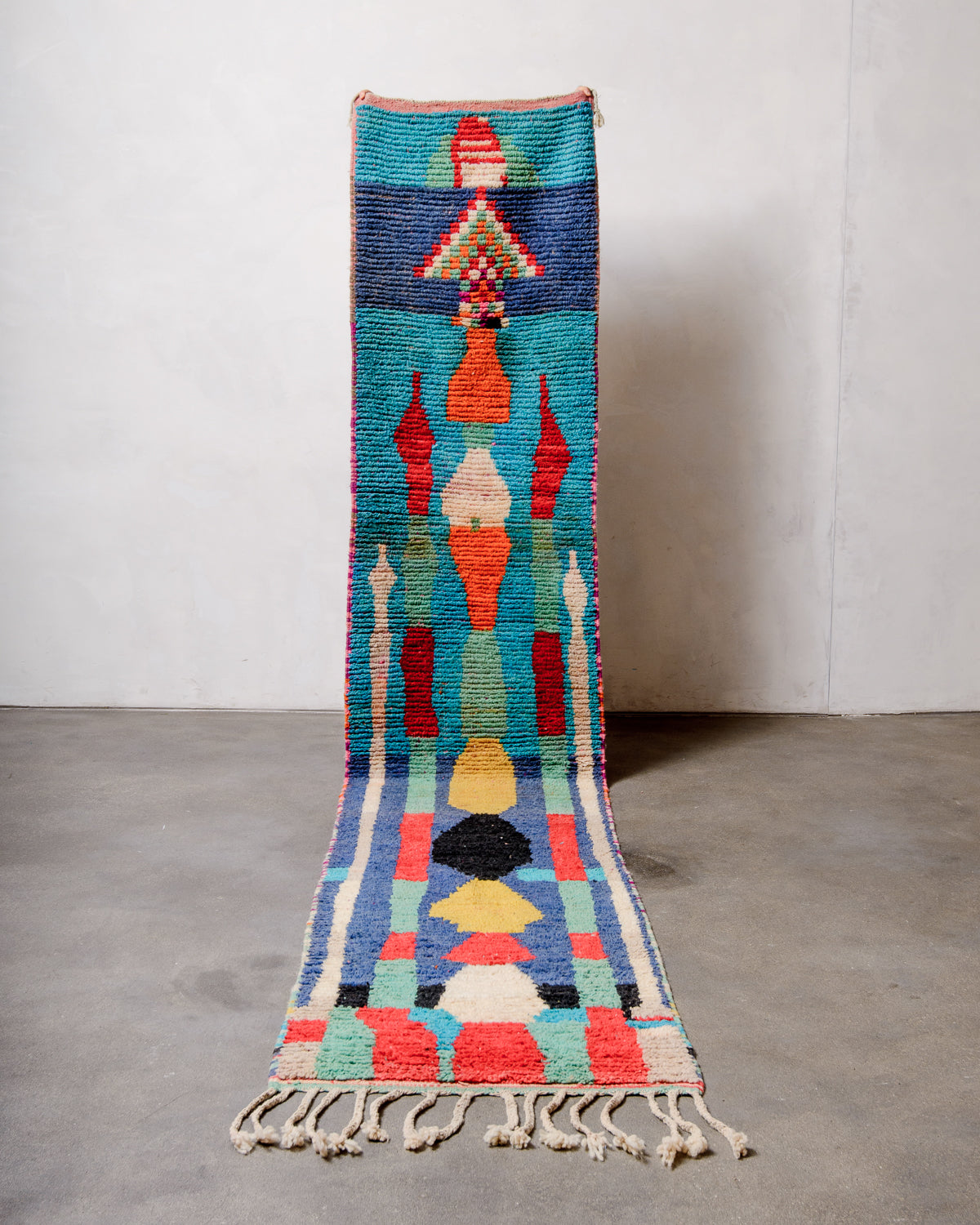 Modern, designer, handcrafted Berber runner rug from Morocco. Vintage carpet with beautiful colours and patterns and fluffy texture.