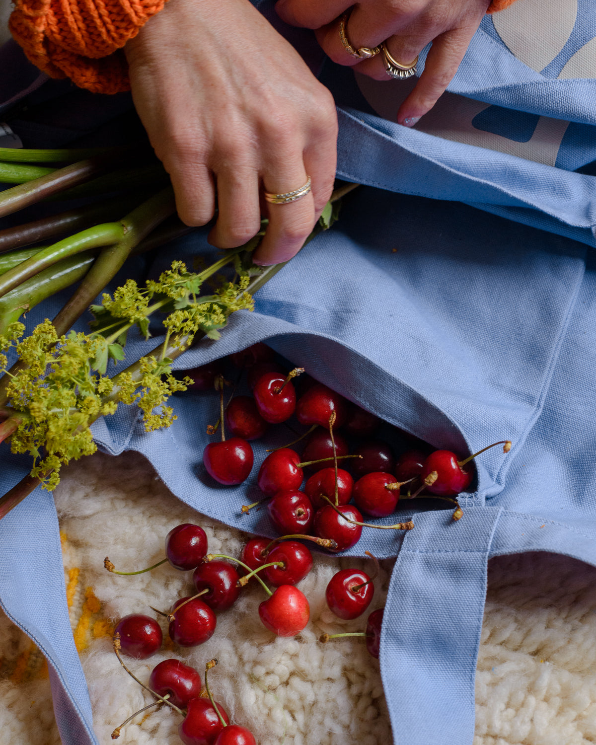 Blue canvas tote bag with Berberlin logo in orange and white.