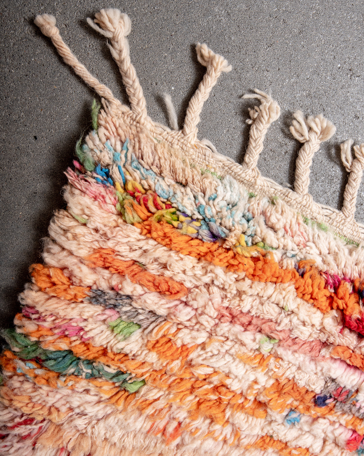 Modern, designer, handcrafted Berber rug from Morocco. Vintage carpet with beautiful colours and patterns and fluffy texture.