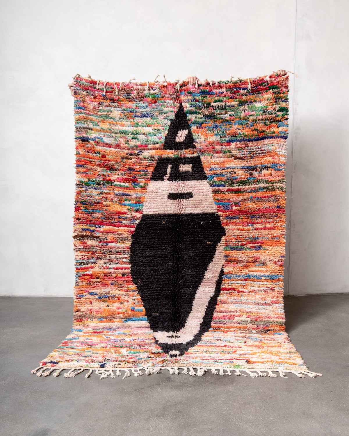 Modern, designer, handcrafted Berber rug from Morocco. Vintage carpet with beautiful colours and patterns and fluffy texture.