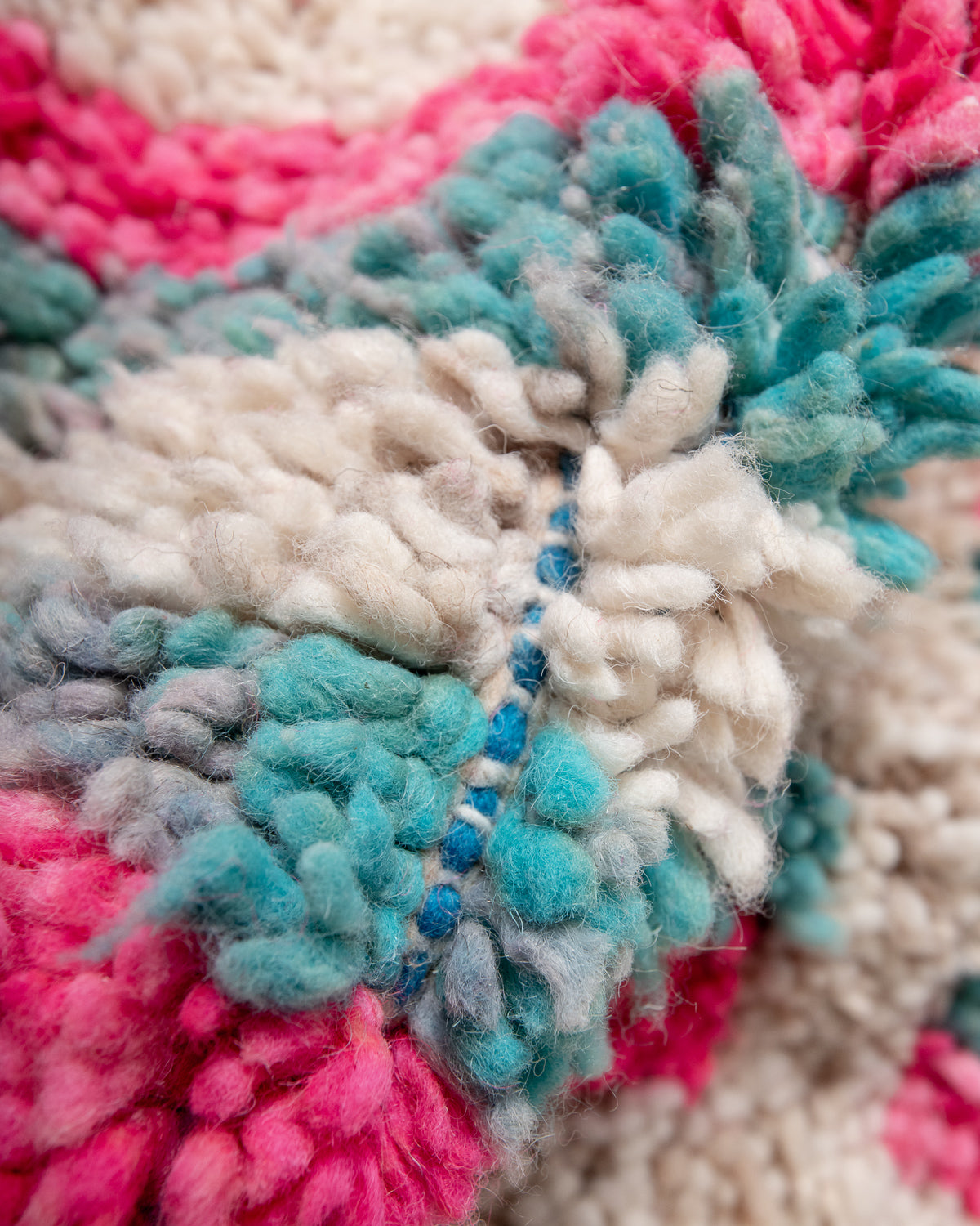 Modern, designer, handcrafted Berber rug from Morocco. Vintage carpet with beautiful colours and patterns and fluffy texture.