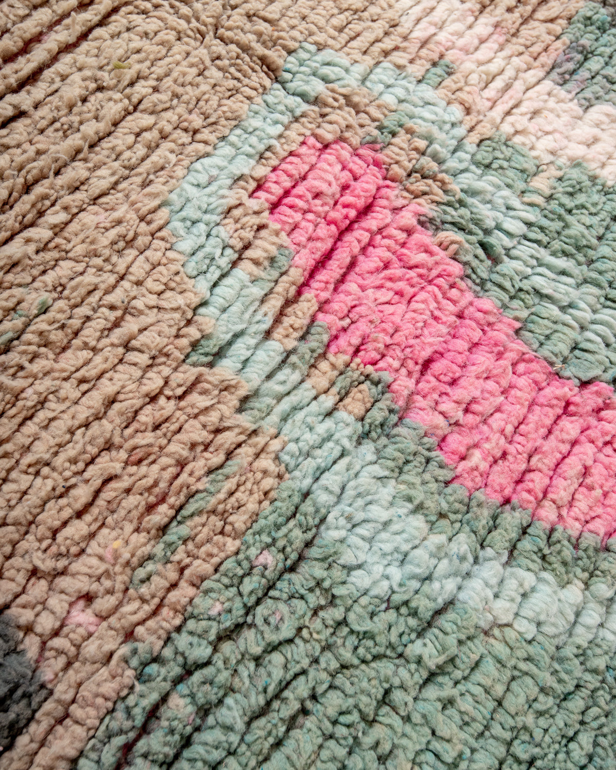 Modern, designer, handcrafted Berber rug from Morocco. Vintage carpet with beautiful colours and patterns and fluffy texture.