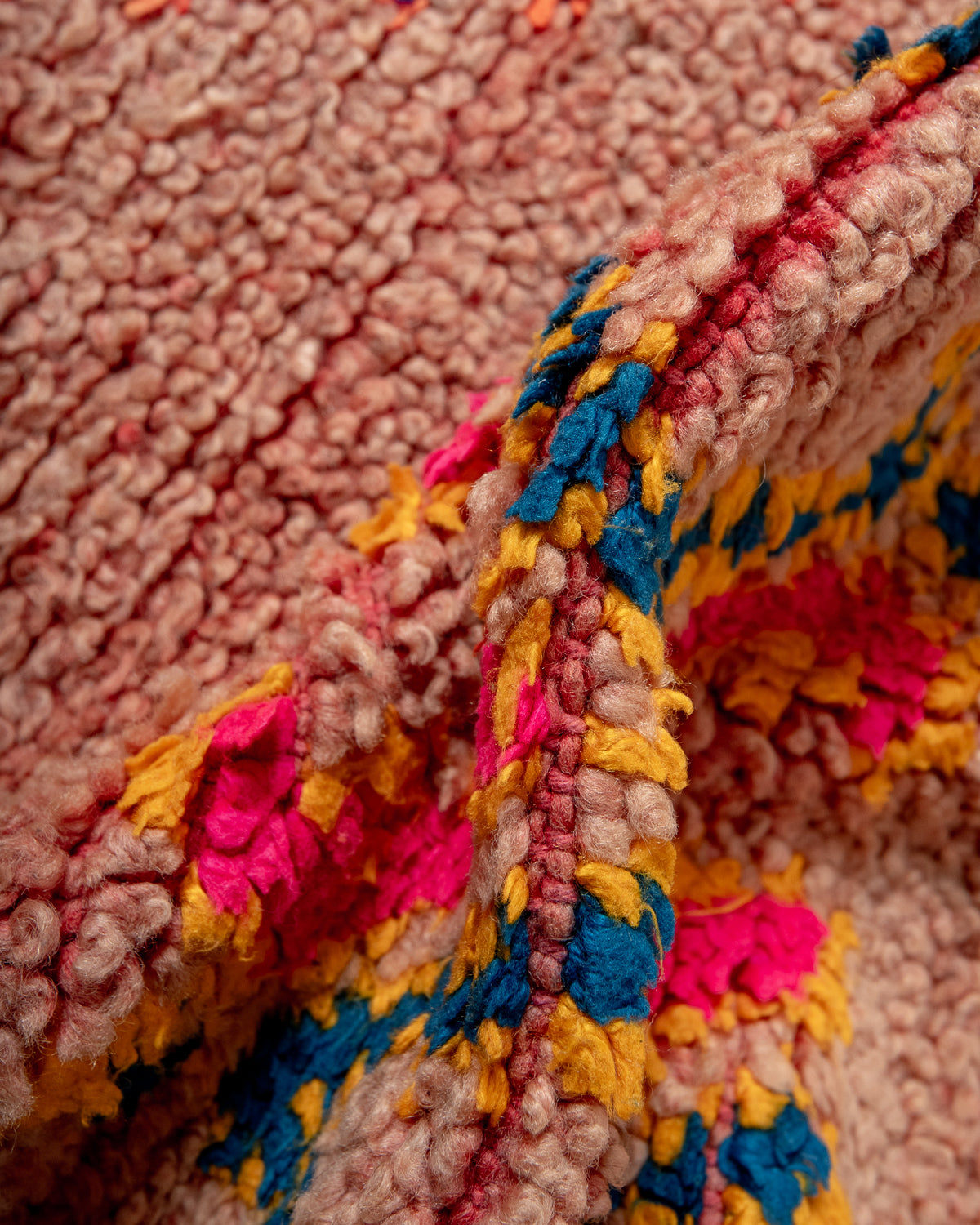 Modern, designer, handcrafted Berber rug from Morocco. Vintage carpet with beautiful colours and patterns and fluffy texture.