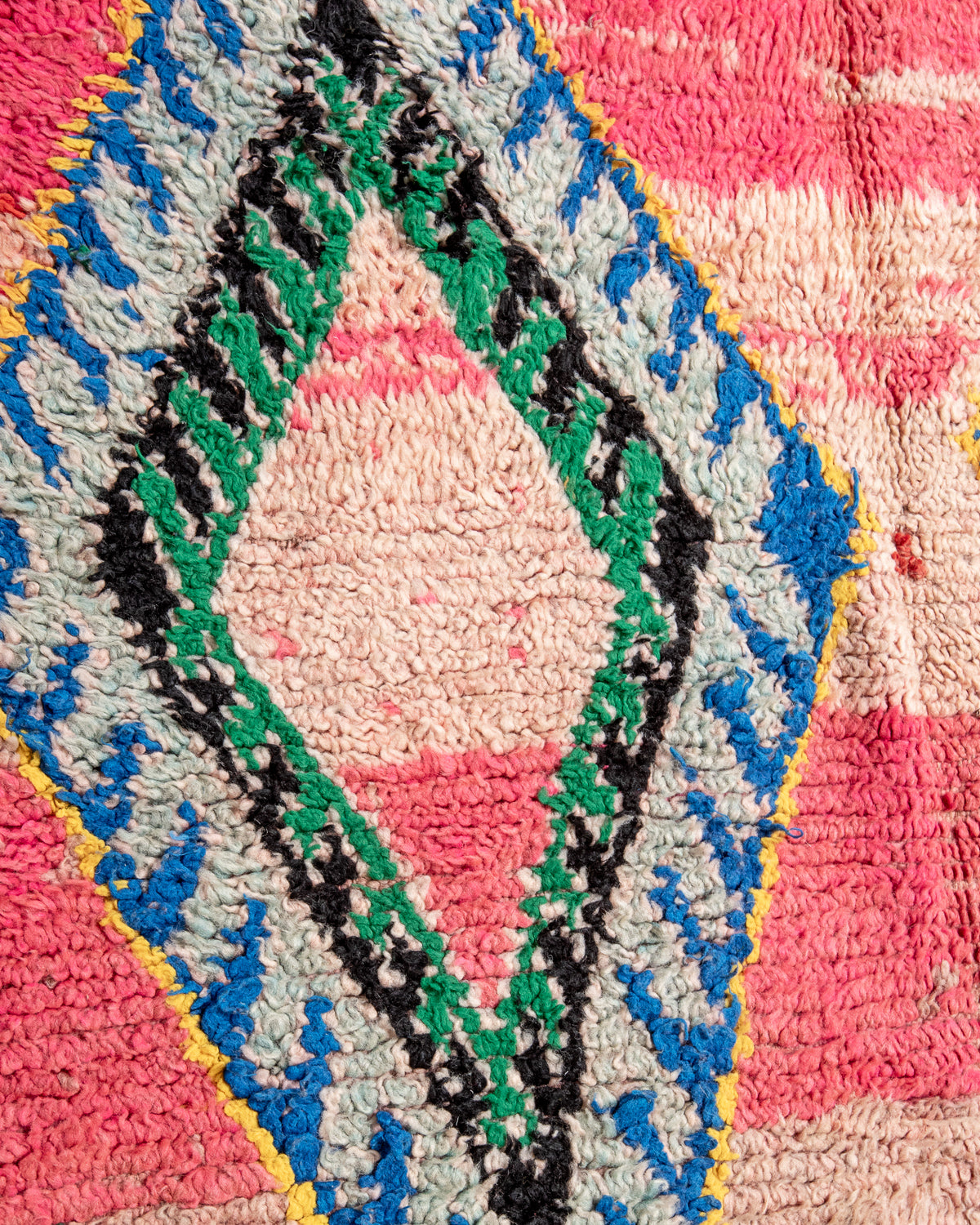 Modern, designer, handcrafted Berber rug from Morocco. Vintage carpet with beautiful colours and patterns and fluffy texture.