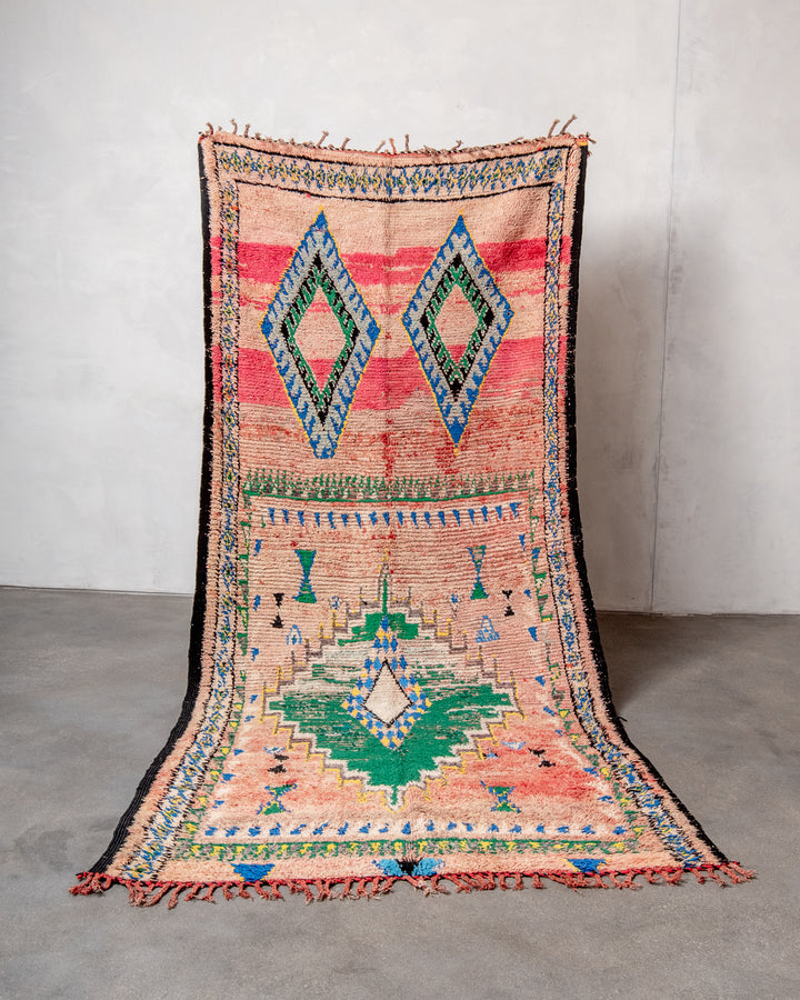 Modern, designer, handcrafted Berber rug from Morocco. Vintage carpet with beautiful colours and patterns and fluffy texture.