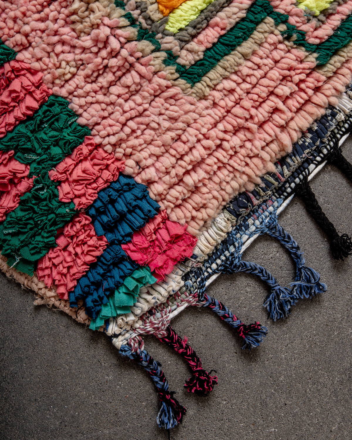 Modern, designer, handcrafted Berber rug from Morocco. Vintage carpet with beautiful colours and patterns and fluffy texture.