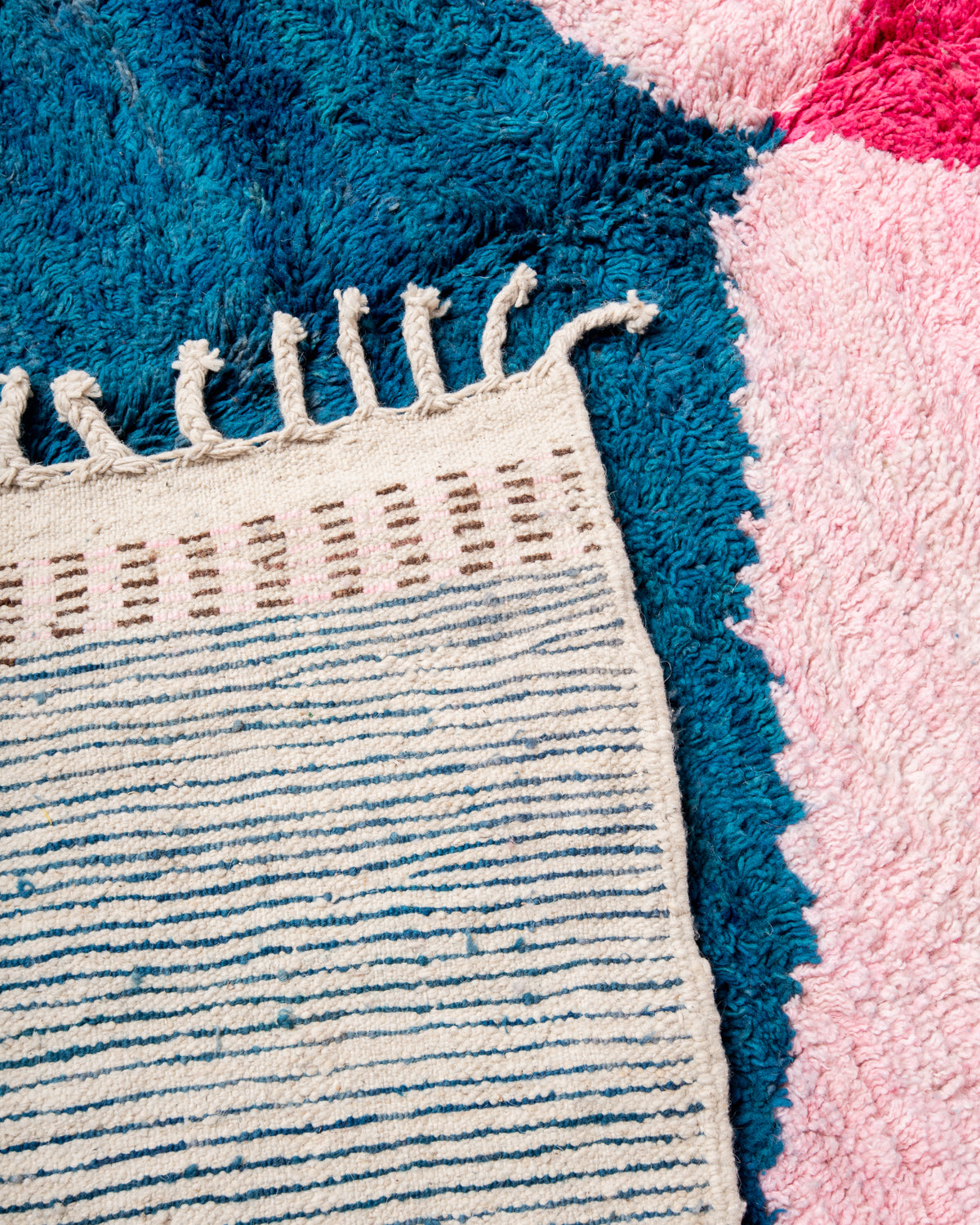 Modern, designer, handcrafted Berber rug from Morocco. Vintage carpet with beautiful colours and patterns and fluffy texture.