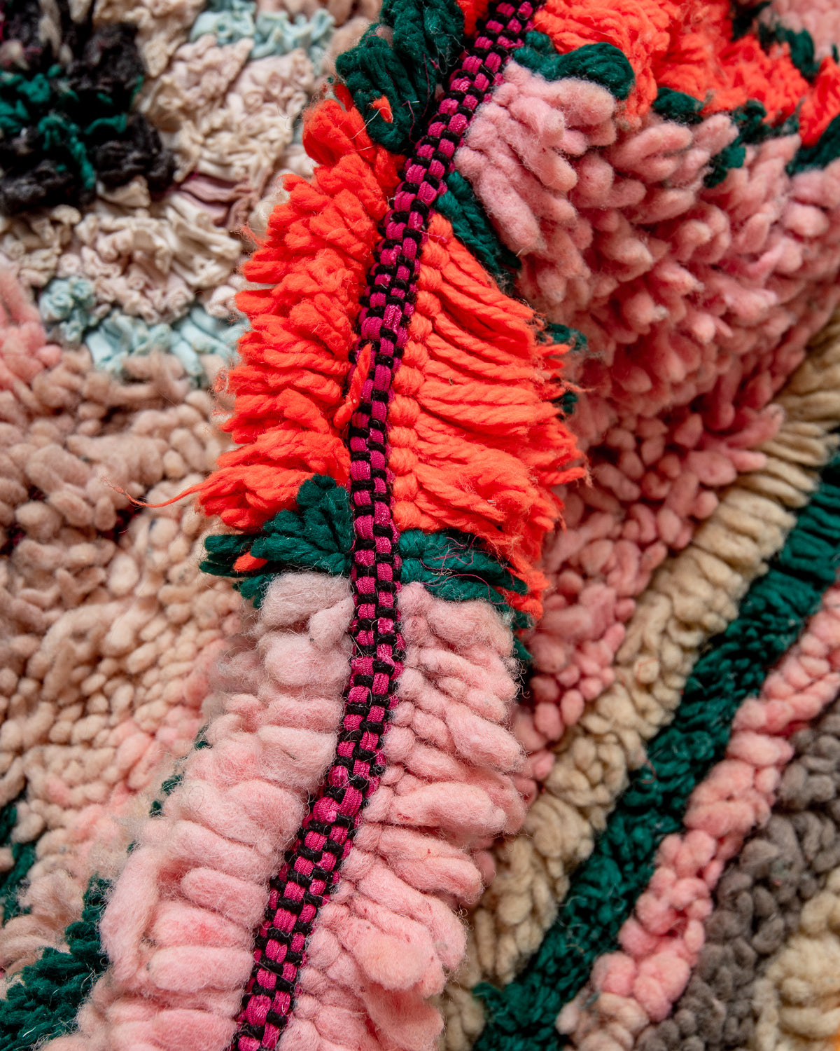 Modern, designer, handcrafted Berber rug from Morocco. Vintage carpet with beautiful colours and patterns and fluffy texture.