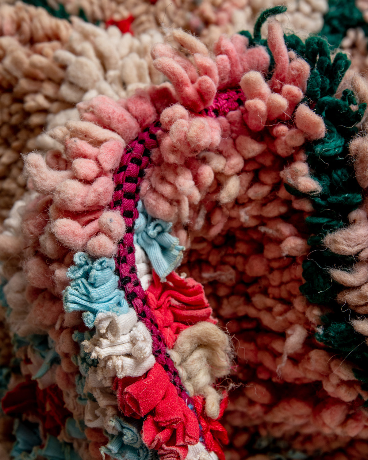 Modern, designer, handcrafted Berber rug from Morocco. Vintage carpet with beautiful colours and patterns and fluffy texture.