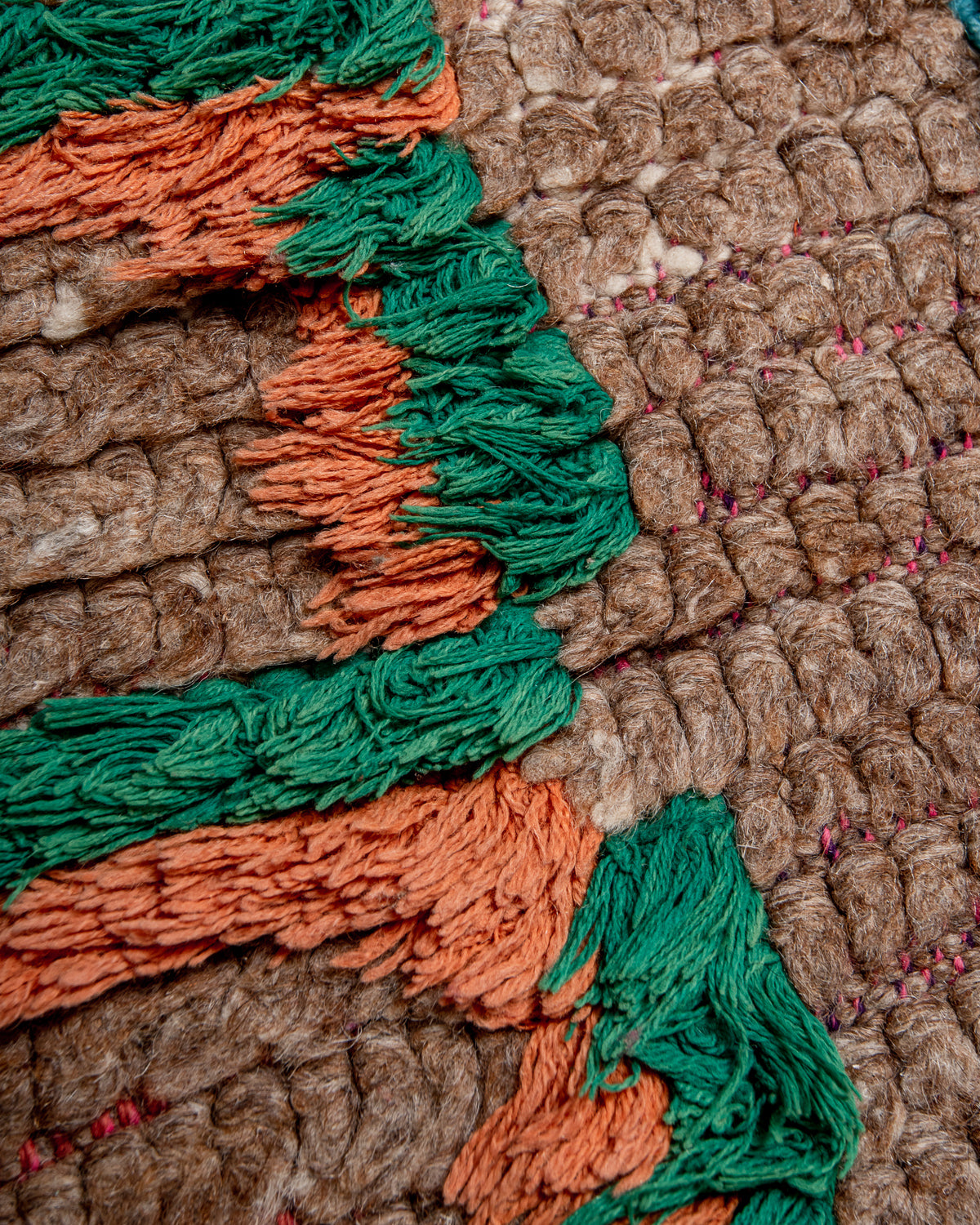 Modern, designer, handcrafted Berber rug from Morocco. Vintage carpet with beautiful colours and patterns and fluffy texture.