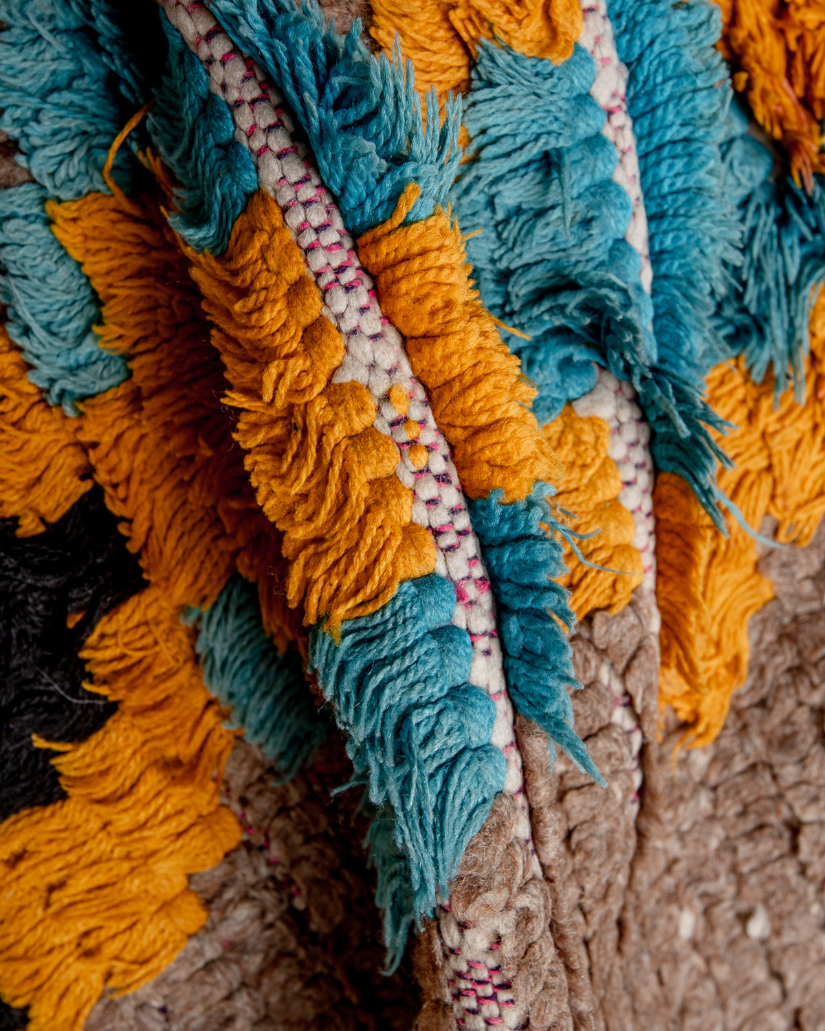 Modern, designer, handcrafted Berber rug from Morocco. Vintage carpet with beautiful colours and patterns and fluffy texture.