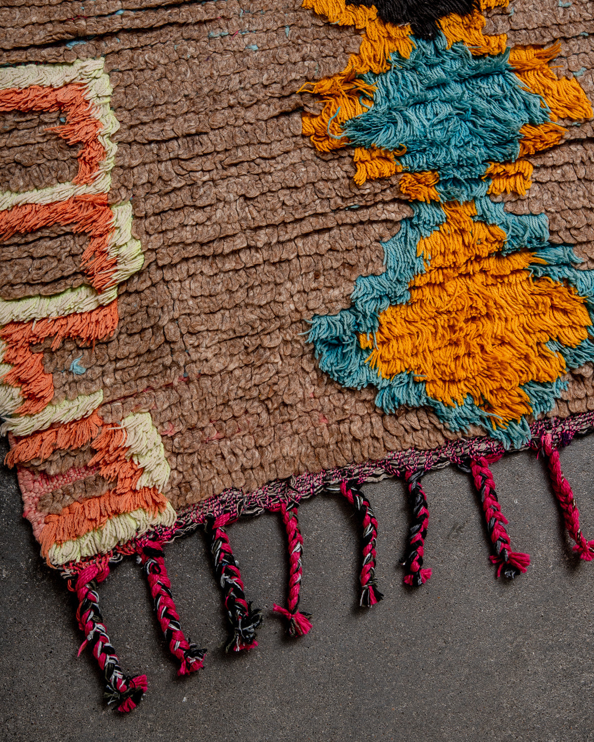 Modern, designer, handcrafted Berber rug from Morocco. Vintage carpet with beautiful colours and patterns and fluffy texture.