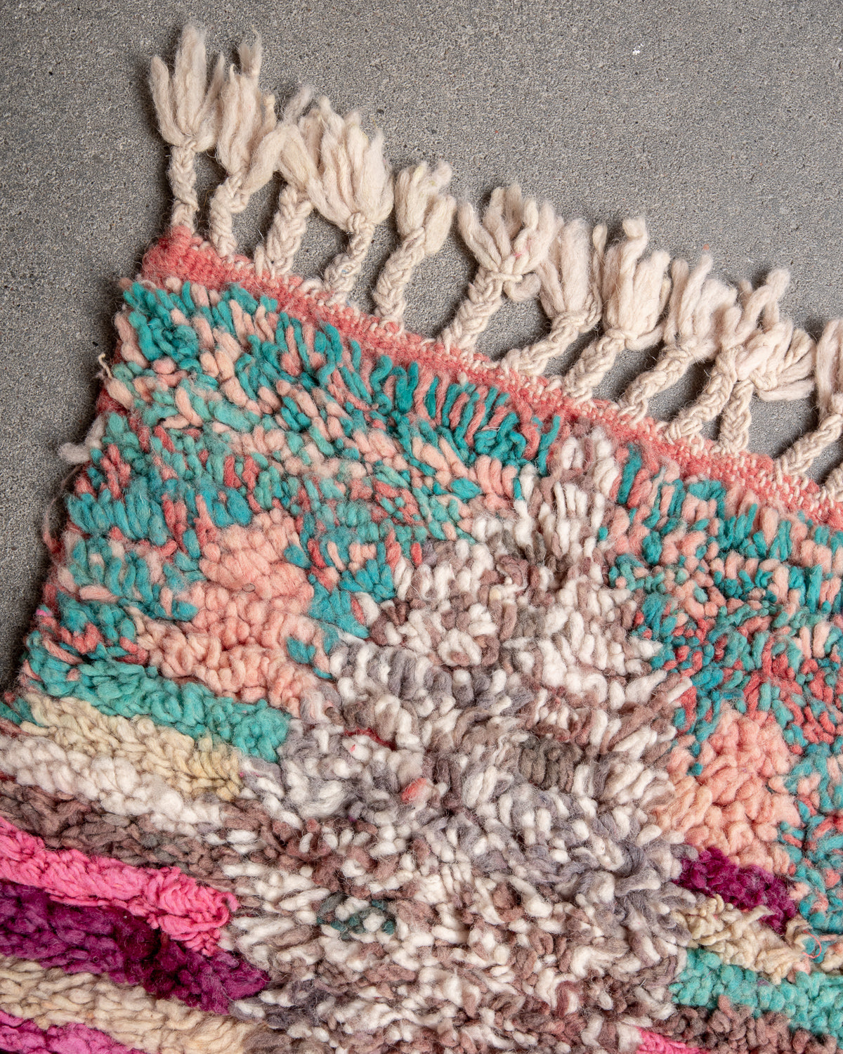 Modern, designer, handcrafted Berber runner rug from Morocco. Vintage carpet with beautiful colours and patterns and fluffy texture.