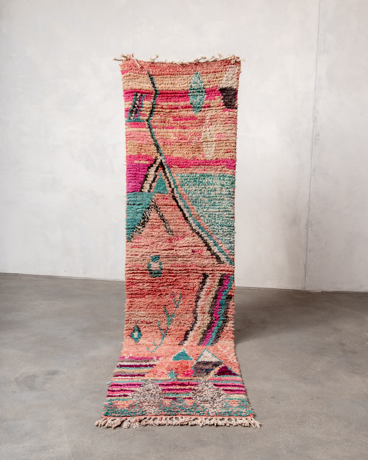 Modern, designer, handcrafted Berber runner rug from Morocco. Vintage carpet with beautiful colours and patterns and fluffy texture.