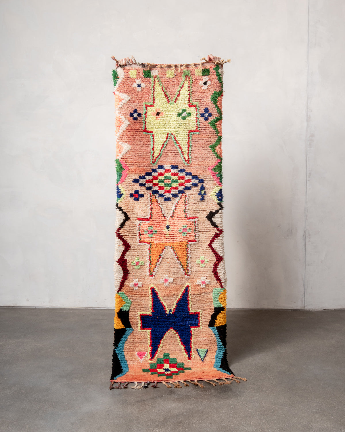 Modern, designer, handcrafted Berber rug from Morocco. Vintage carpet with beautiful colours and patterns and fluffy texture.