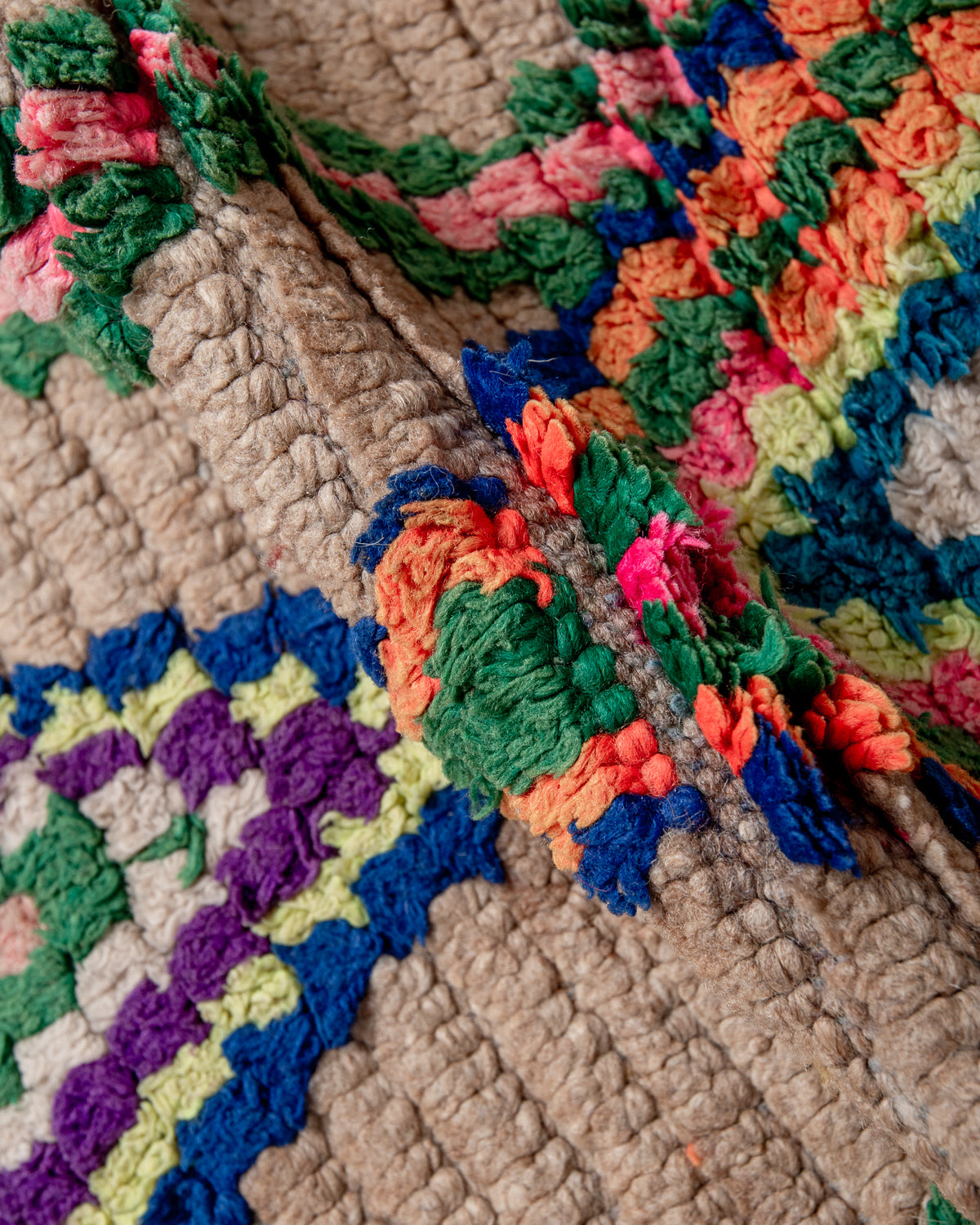 Modern, designer, handcrafted Berber rug from Morocco. Vintage carpet with beautiful colours and patterns and fluffy texture.