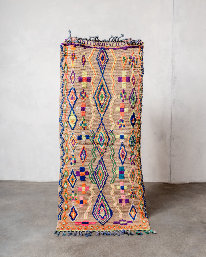 Modern, designer, handcrafted Berber rug from Morocco. Vintage carpet with beautiful colours and patterns and fluffy texture.