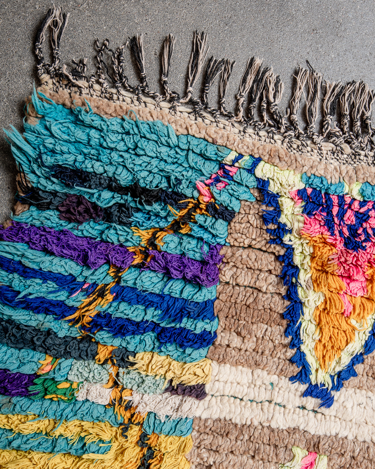 Modern, designer, handcrafted Berber rug from Morocco. Vintage carpet with beautiful colours and patterns and fluffy texture.