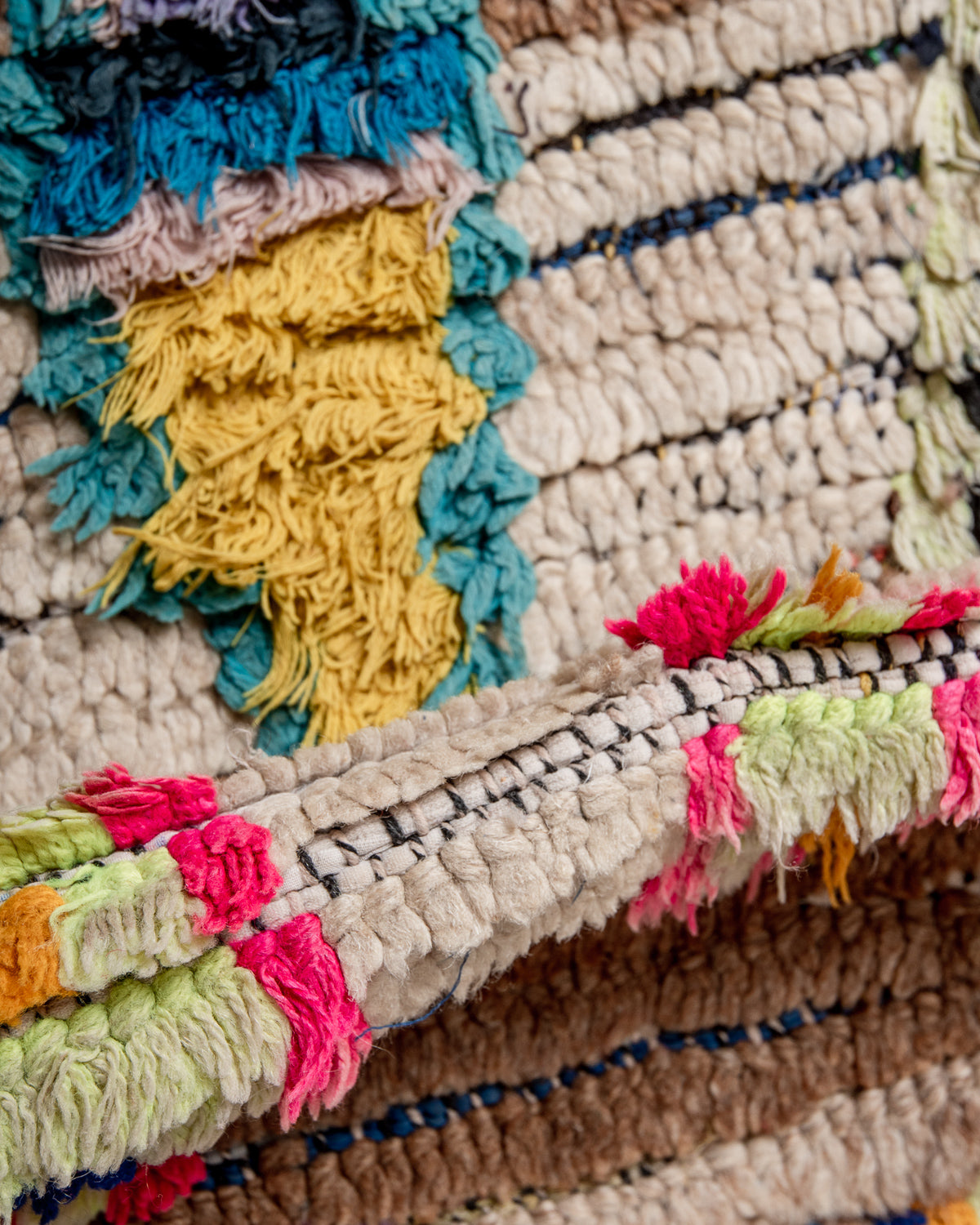 Modern, designer, handcrafted Berber rug from Morocco. Vintage carpet with beautiful colours and patterns and fluffy texture.