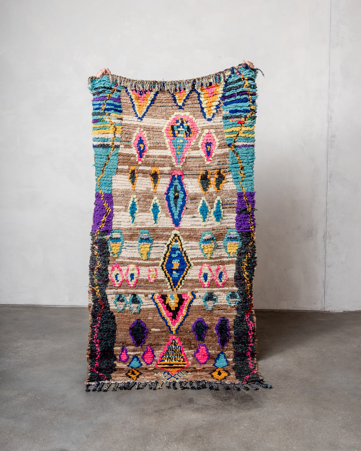 Modern, designer, handcrafted Berber rug from Morocco. Vintage carpet with beautiful colours and patterns and fluffy texture.