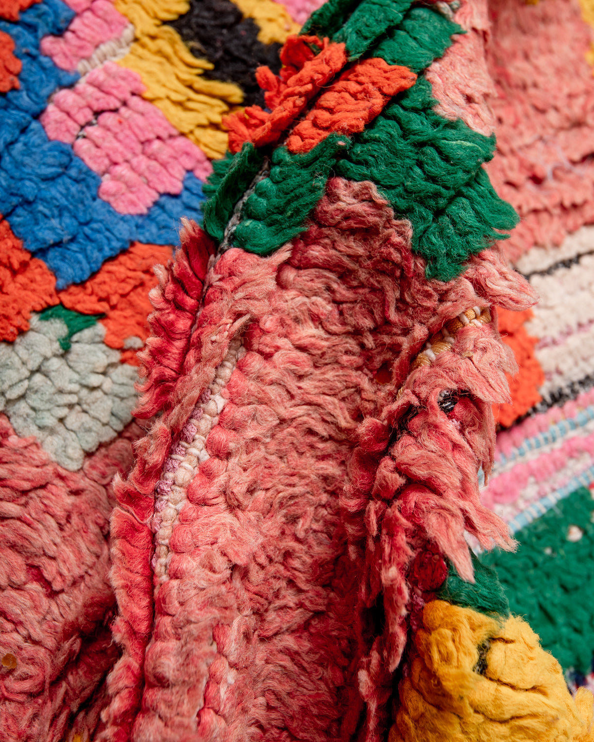 Modern, designer, handcrafted Berber rug from Morocco. Vintage carpet with beautiful colours and patterns and fluffy texture.