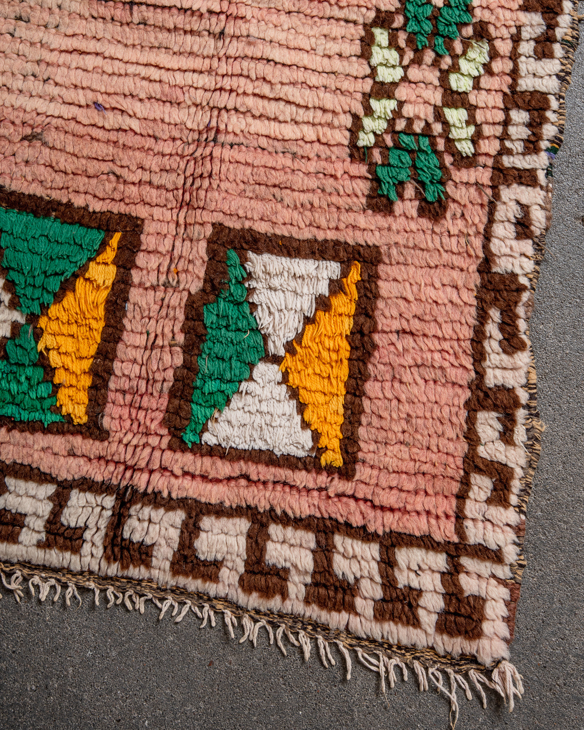 Modern, designer, handcrafted Berber rug from Morocco. Vintage carpet with beautiful colours and patterns and fluffy texture.