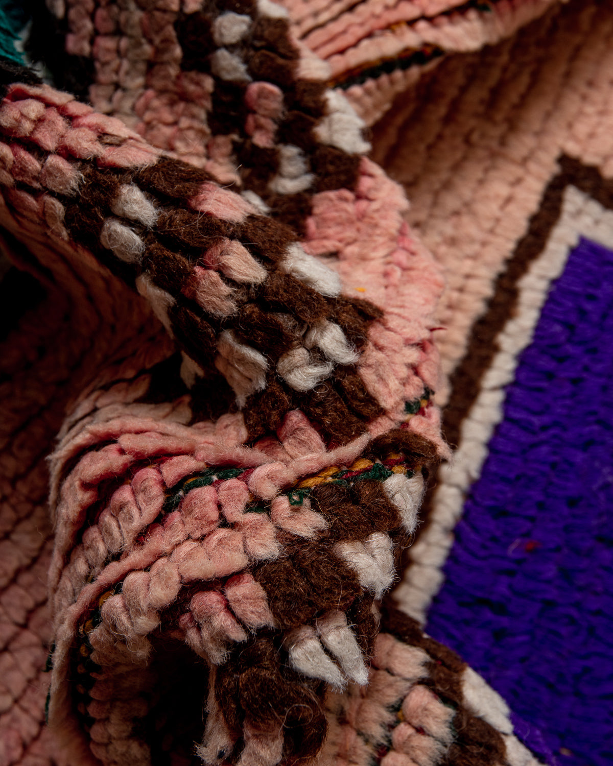 Modern, designer, handcrafted Berber rug from Morocco. Vintage carpet with beautiful colours and patterns and fluffy texture.