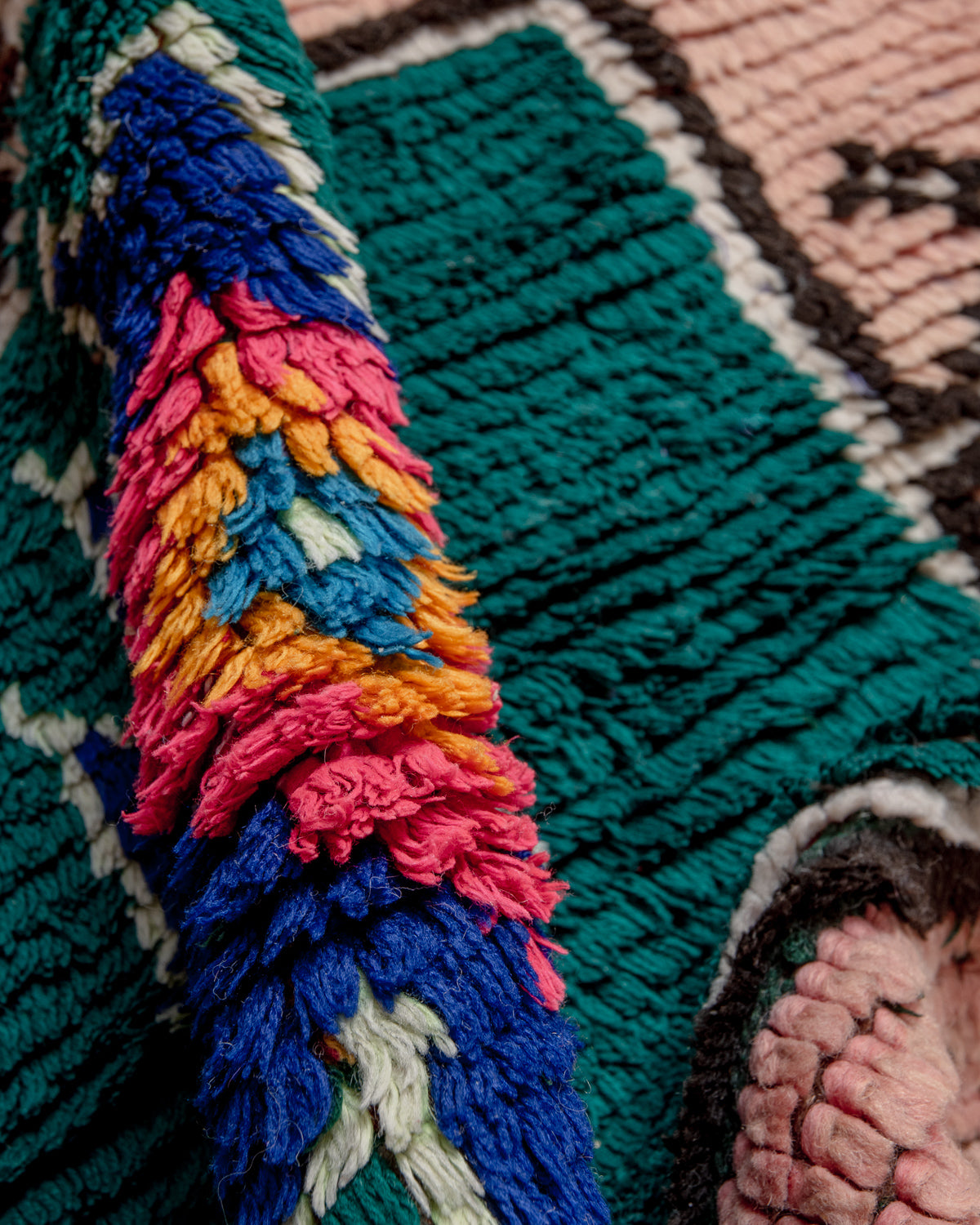 Modern, designer, handcrafted Berber rug from Morocco. Vintage carpet with beautiful colours and patterns and fluffy texture.