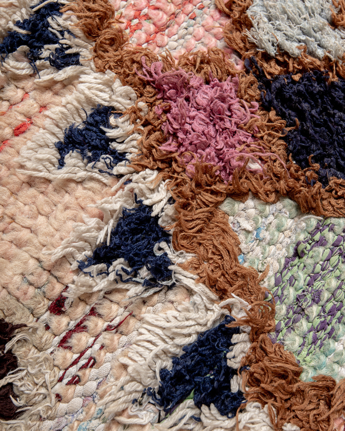 Modern, designer, handcrafted Berber rug from Morocco. Vintage carpet with beautiful colours and patterns and fluffy texture.