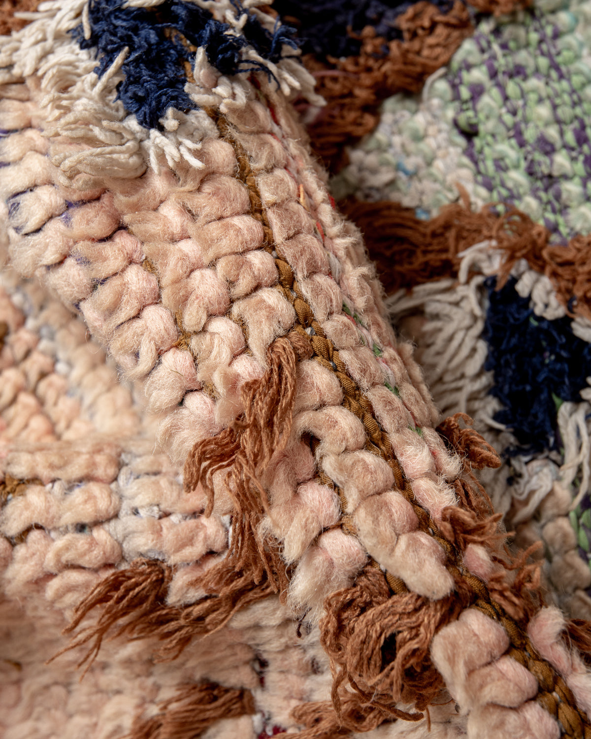 Modern, designer, handcrafted Berber rug from Morocco. Vintage carpet with beautiful colours and patterns and fluffy texture.