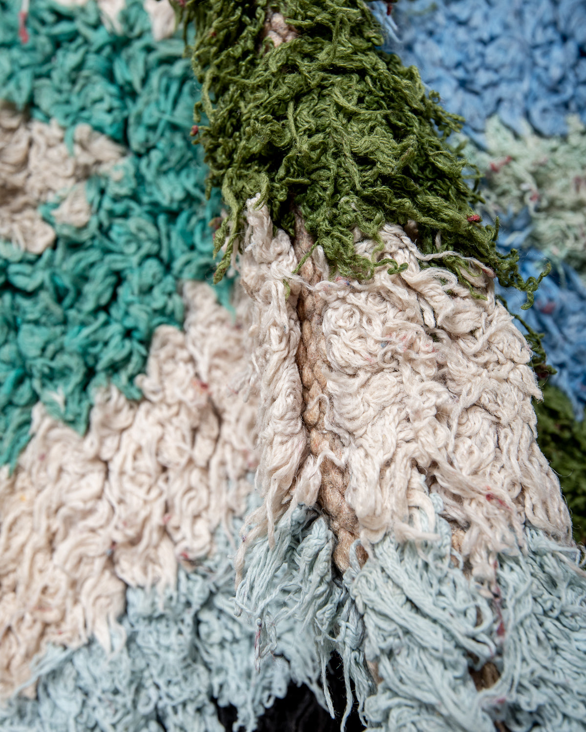 Modern designer vintage handcrafted Berber rug from Morocco. Boucherouite runner rug with beautiful colors and patterns.