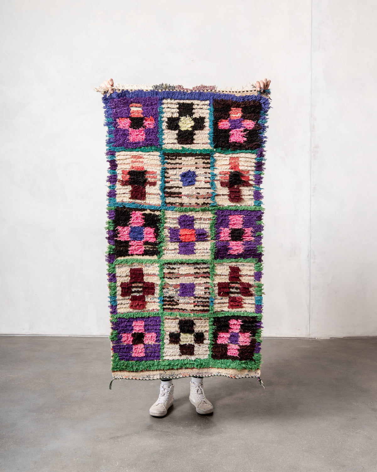 Modern designer vintage handcrafted Berber rug from Morocco. Boucherouite runner rug with beautiful colors and patterns.