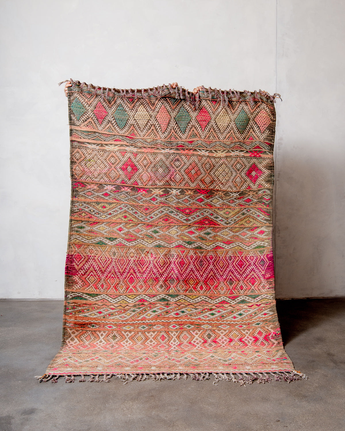 Modern, designer, handcrafted Berber rug from Morocco. Vintage Kelim carpet with beautiful designs and robust flat weave out of wool.