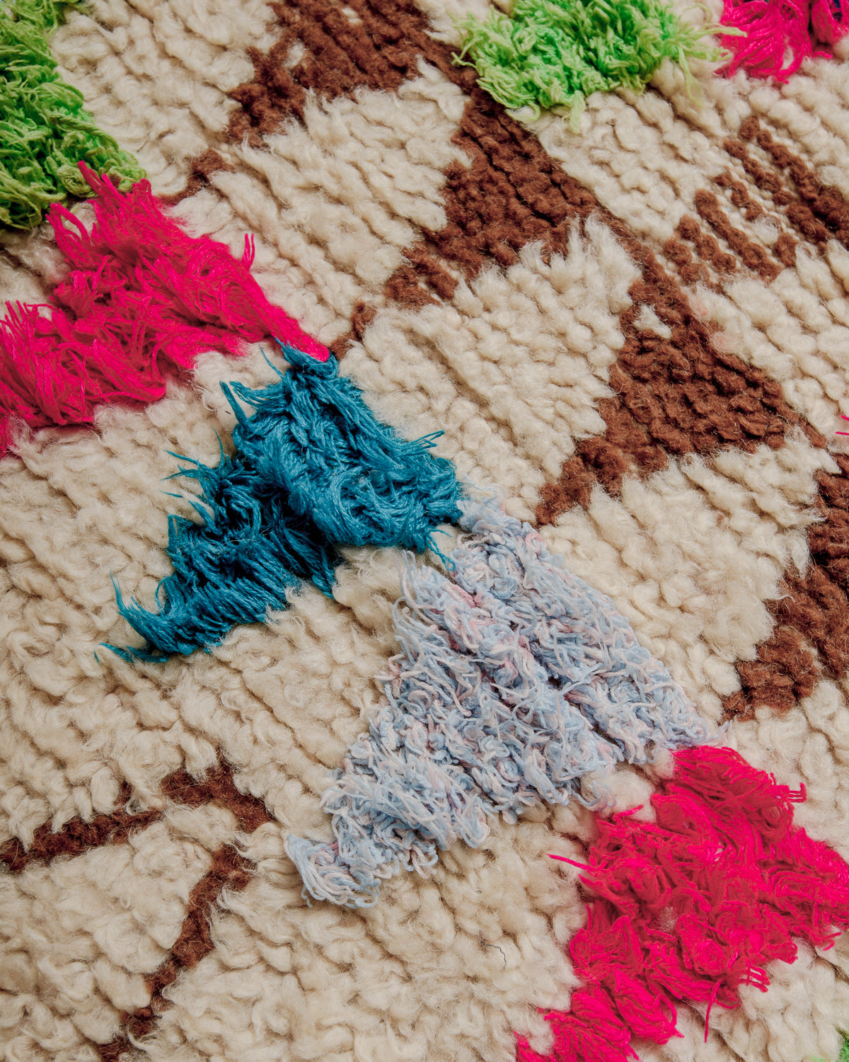 Close up of boucherouite rug surface with colourful cotton and wool.