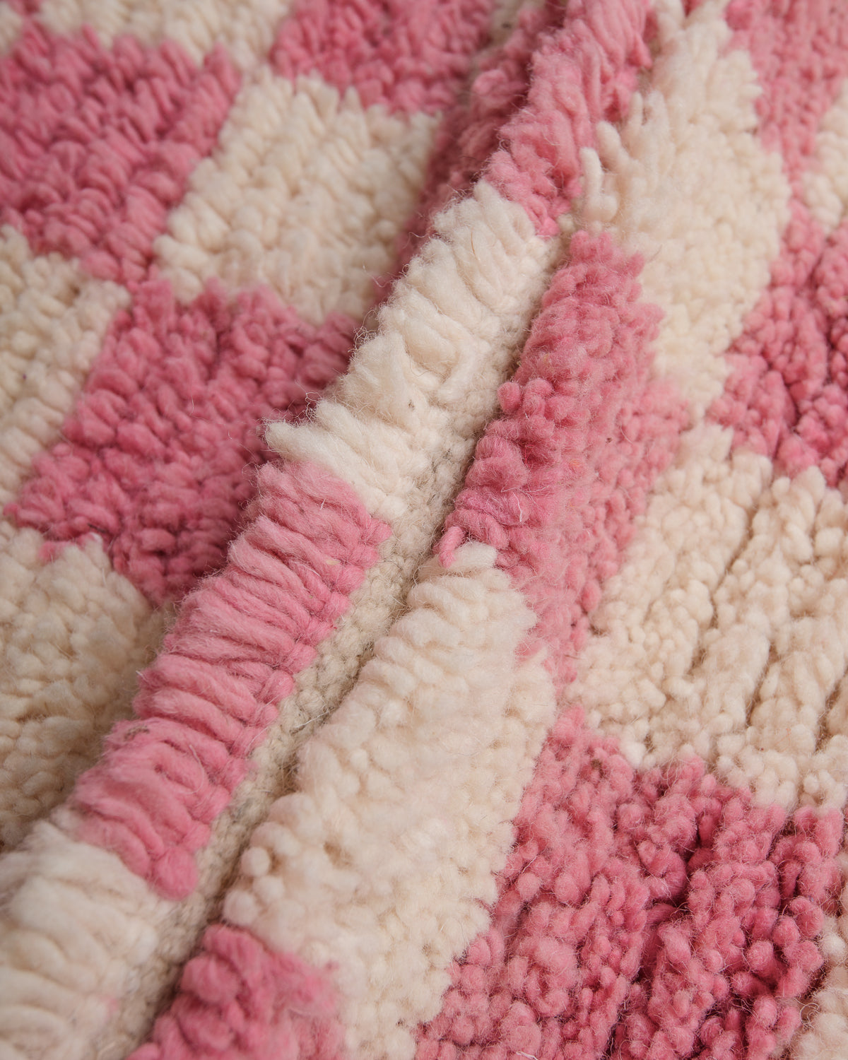 Close up of vintage boujaad rug showing length of pile and texture.