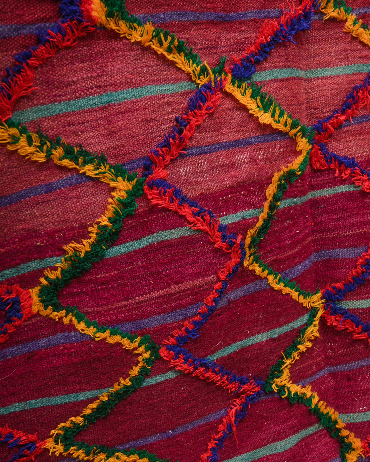 Surface of flat woven wool kelim rug with fluffy embroidered pattern.