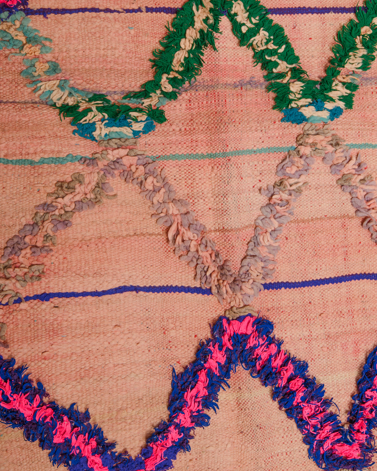 Surface of flat woven wool kelim rug with fluffy embroidered pattern.