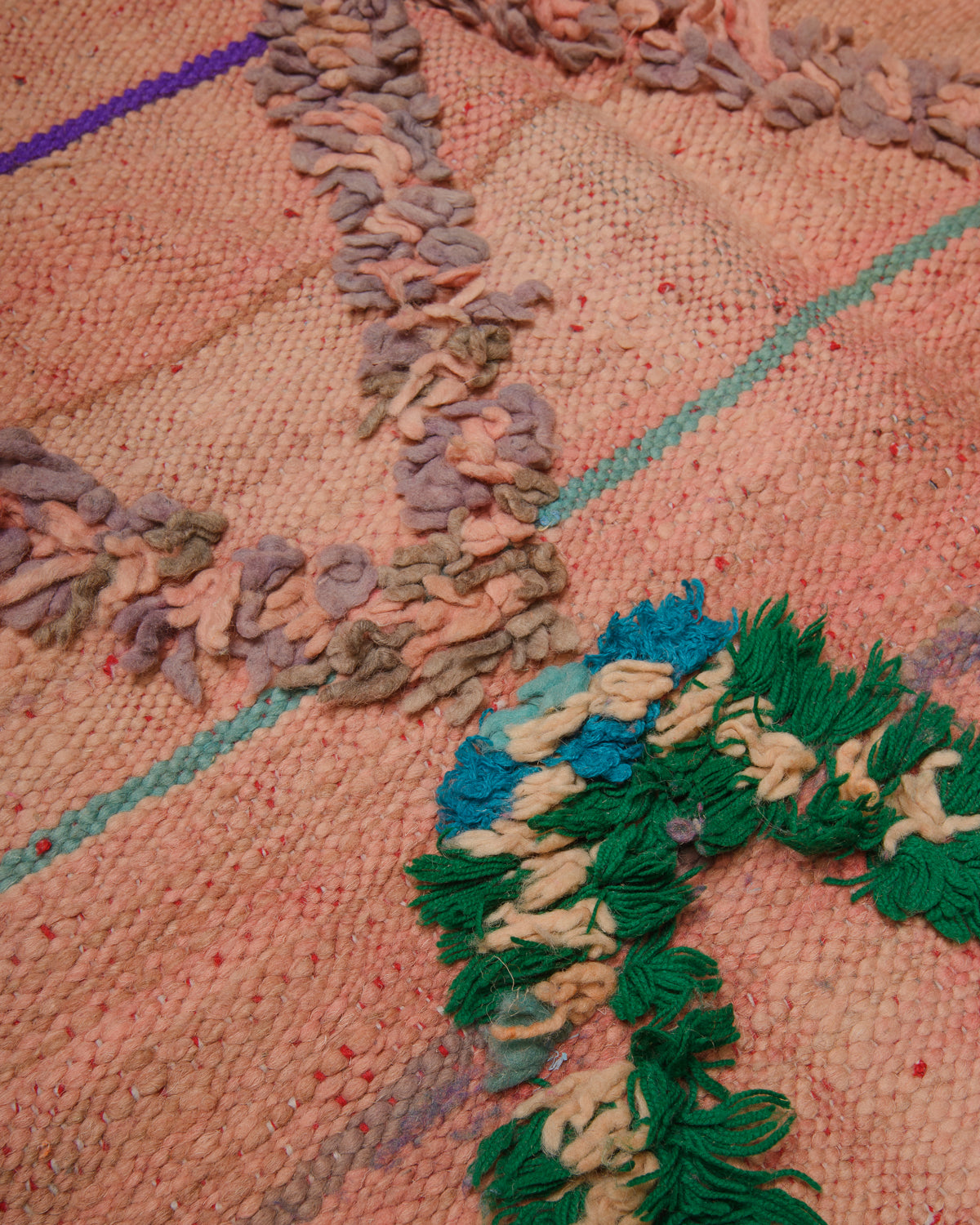 Surface of flat woven wool kelim rug with fluffy embroidered pattern.
