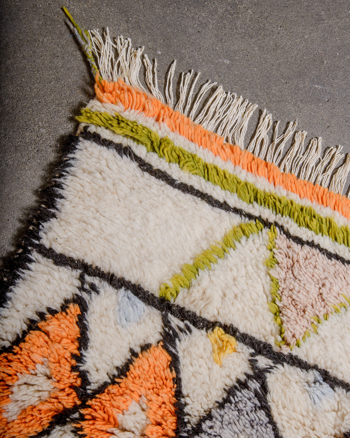 Corner of rug made of thick, fluffy wool pile with a black border and white cotton tassels. 