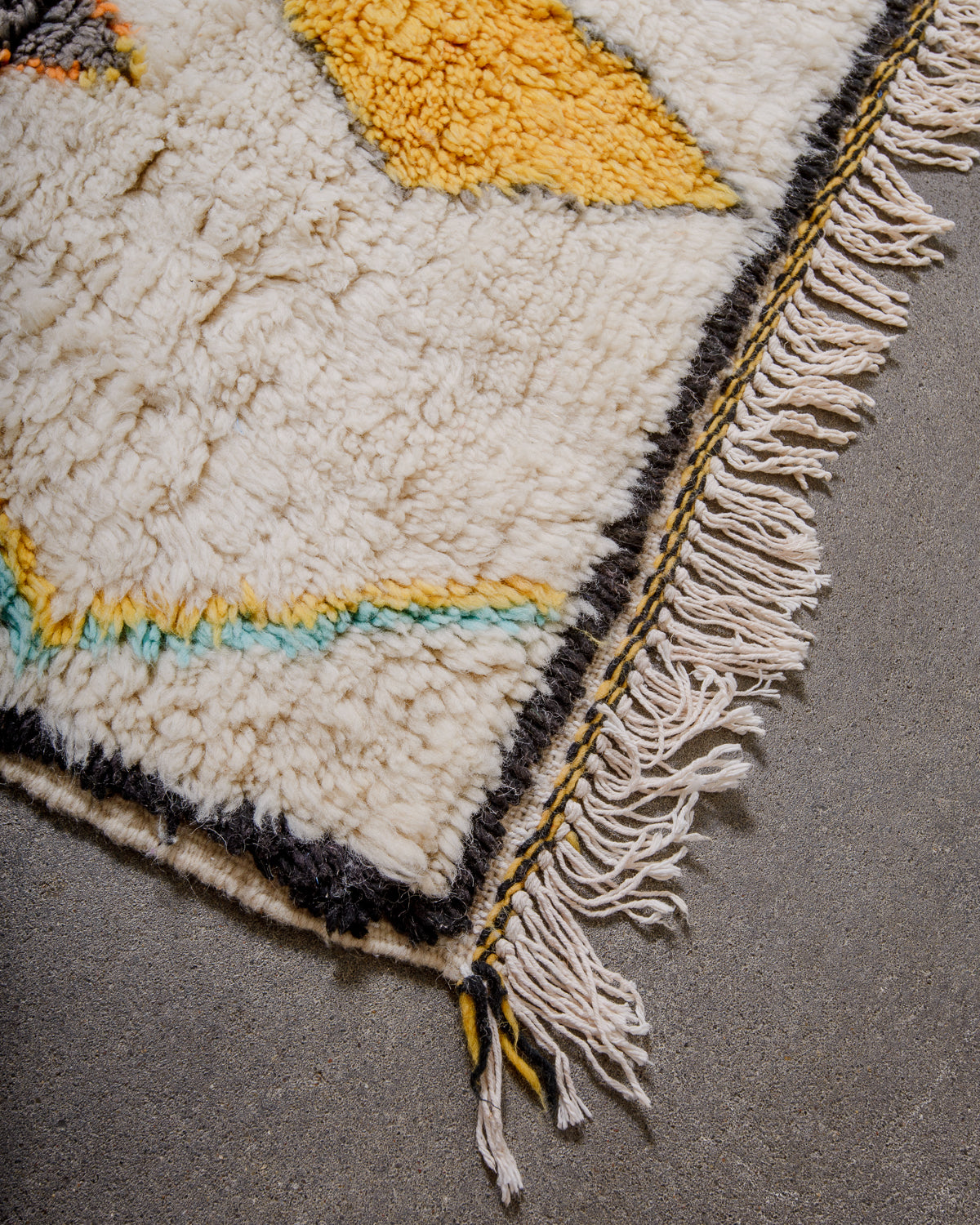 Corner of rug made of thick, fluffy wool pile with a black border and white cotton tassels. 