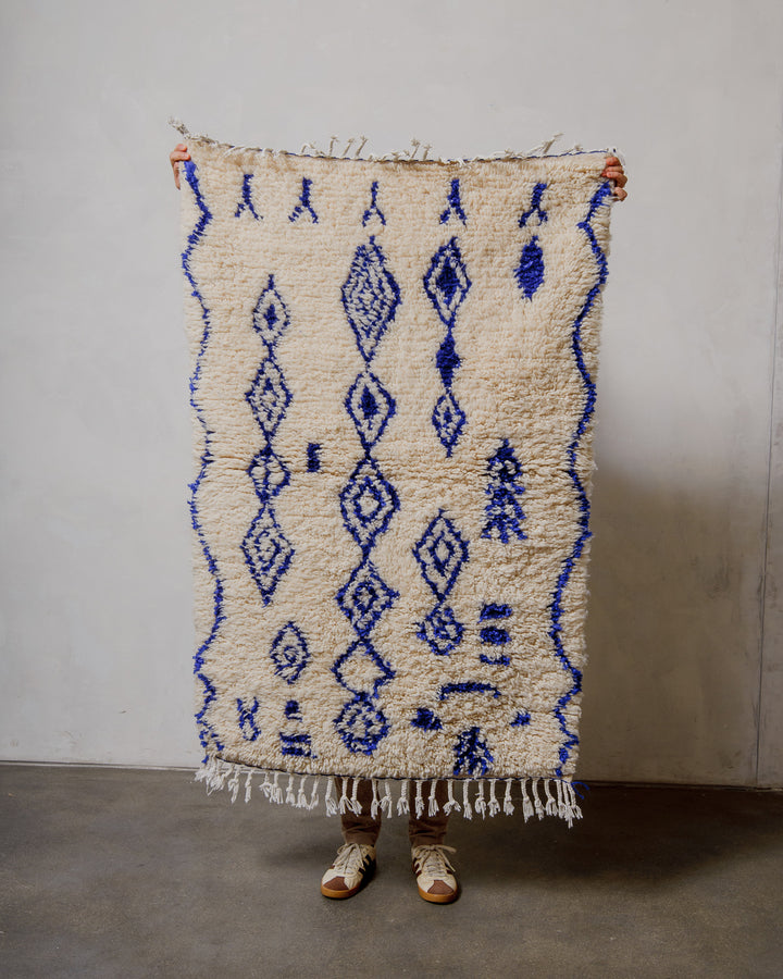 Person holding a blue and cream patterned rug against a plain wall.