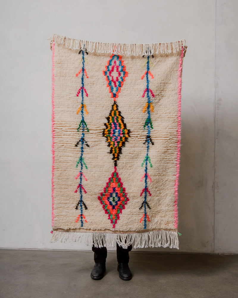Person holding a colorful patterned rug against a plain wall.